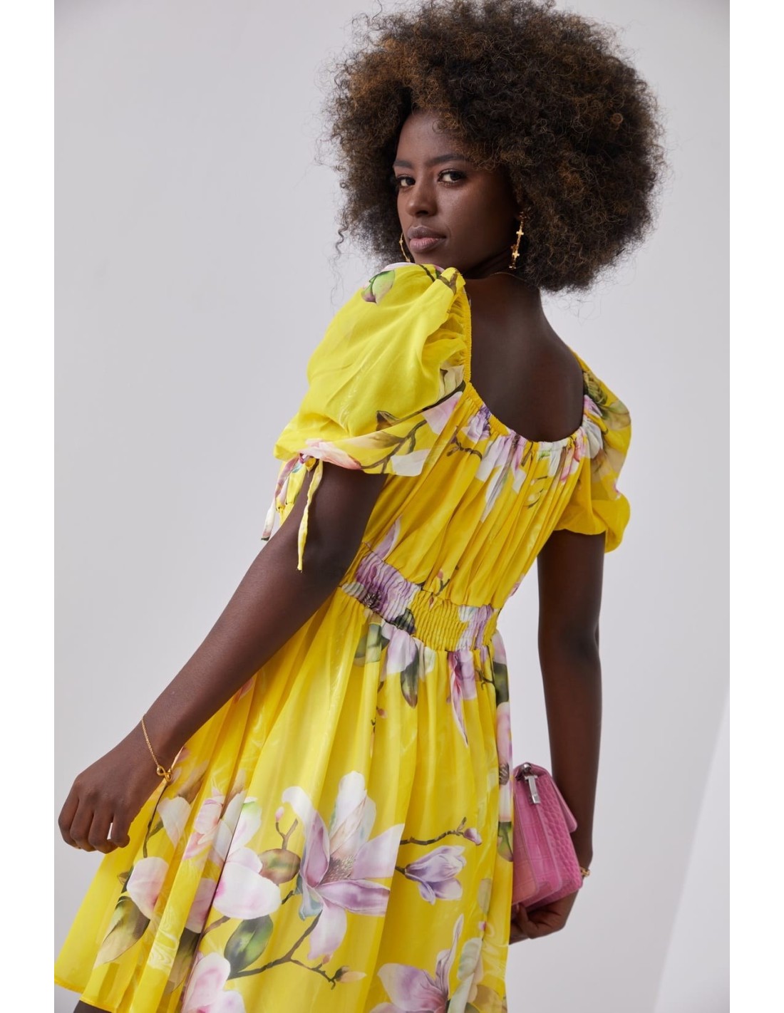 Airy dress with gathered waist, yellow 030800 - Online store - Boutique